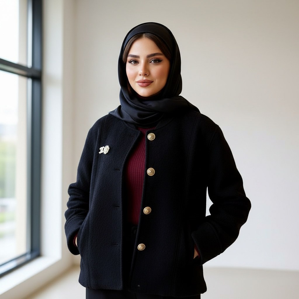 کت مشکی کوتاه آستردار طرح پارچه شنلی پشمی