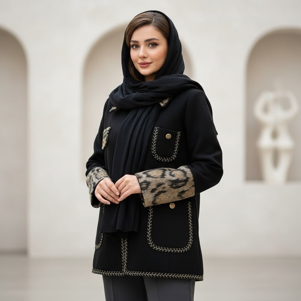 کت کوتاه فوتر مشکی پلنگی طرح چهار جیب