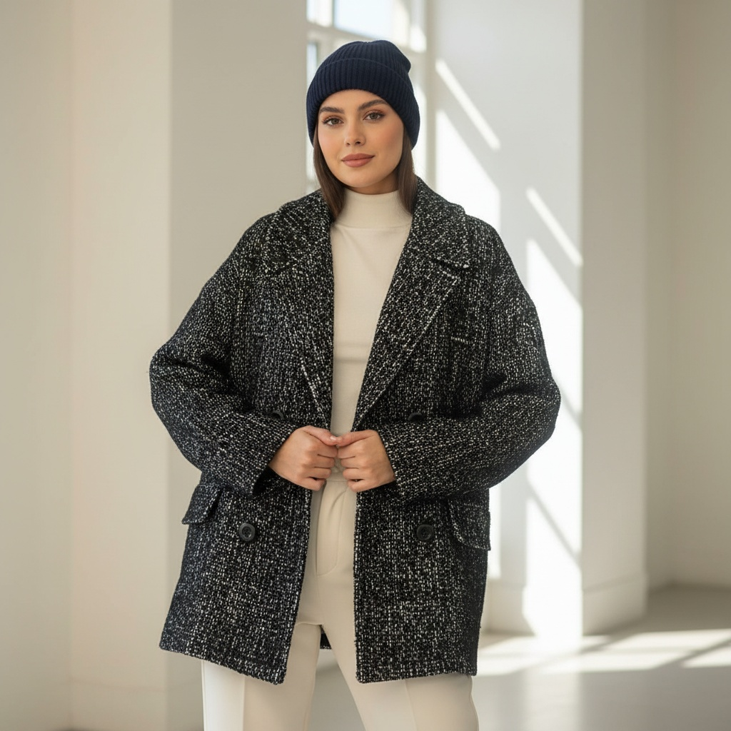 کت پشمی آستر دار زنانه طرح پارچه شنلی