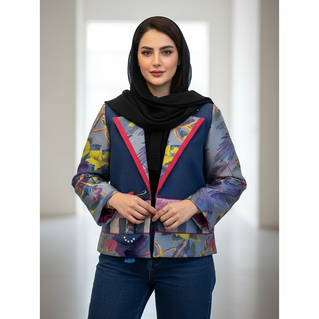 کت جین آستردار پاییزه ترکیبی با پارچه ژاکارد طرح گنجشک