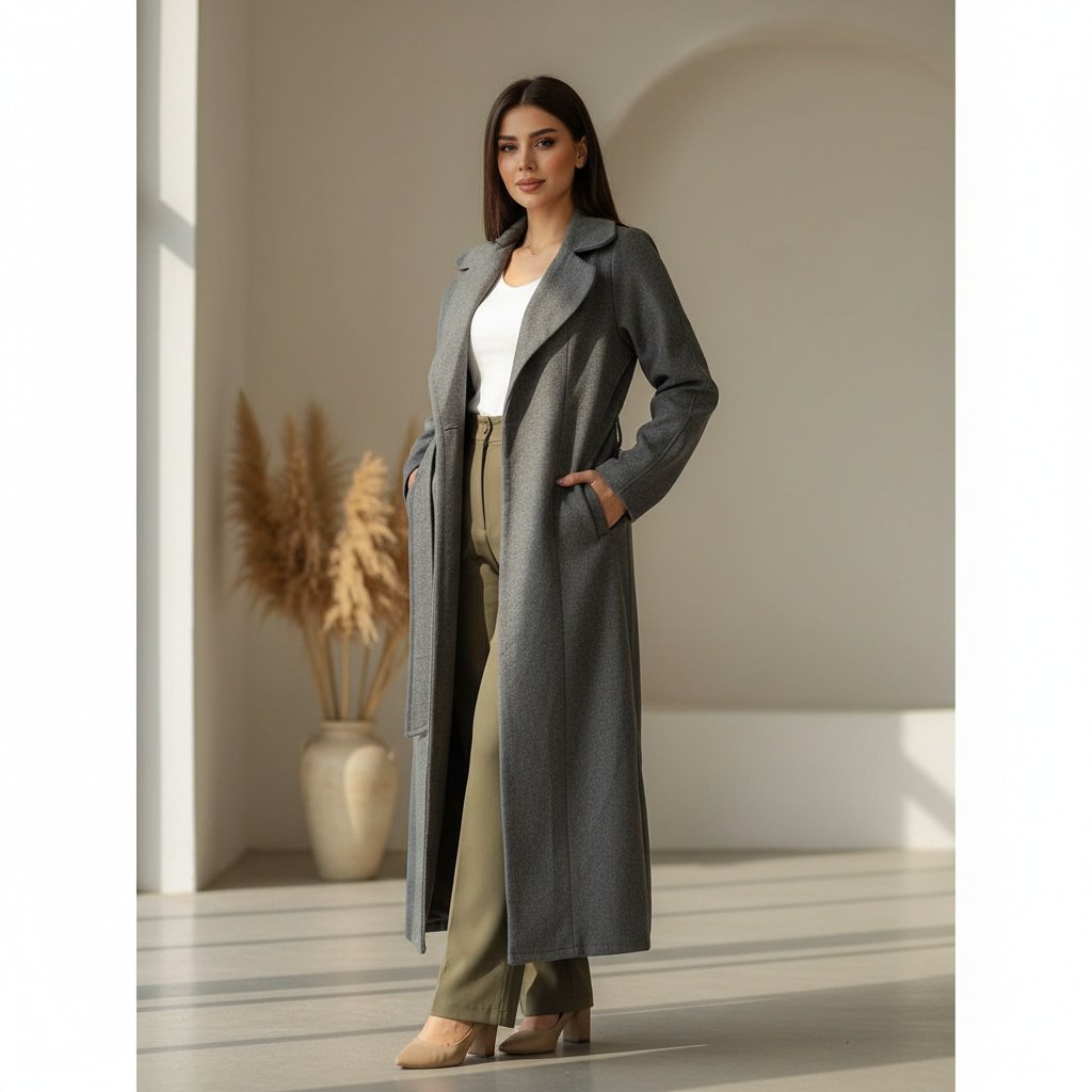 پالتو بلند فوتر پشمی آستردار طرح کلاسیک
