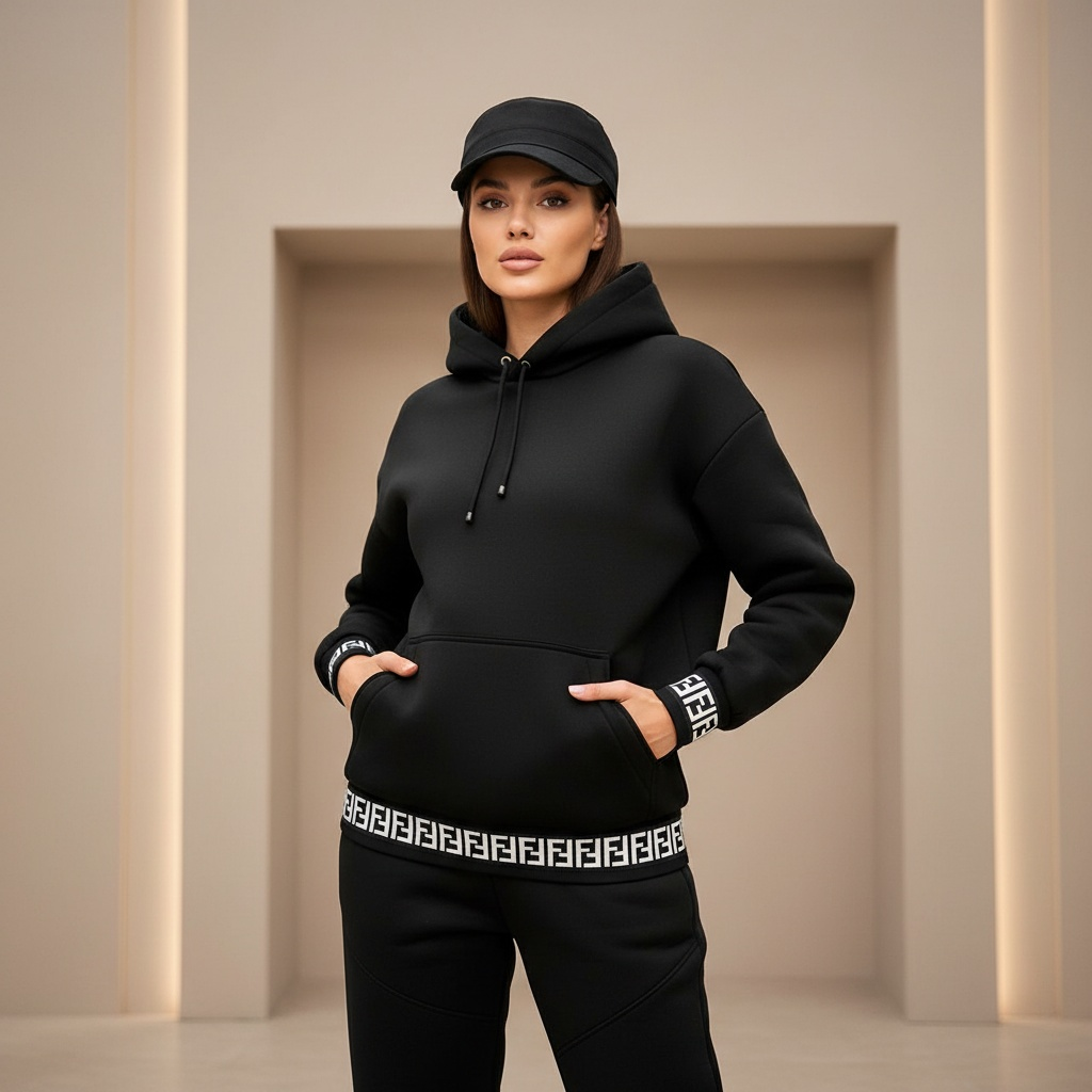 ست هودی کلاهدار و شلوار زنانه پارچه غواصی طرح فندی