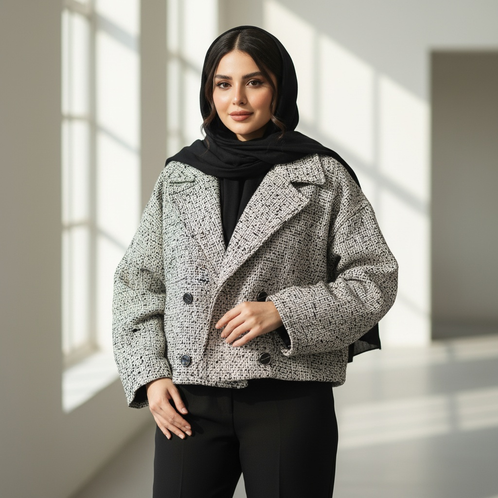 کراپ کت کوتاه زنانه جنس پشمی و آستردار