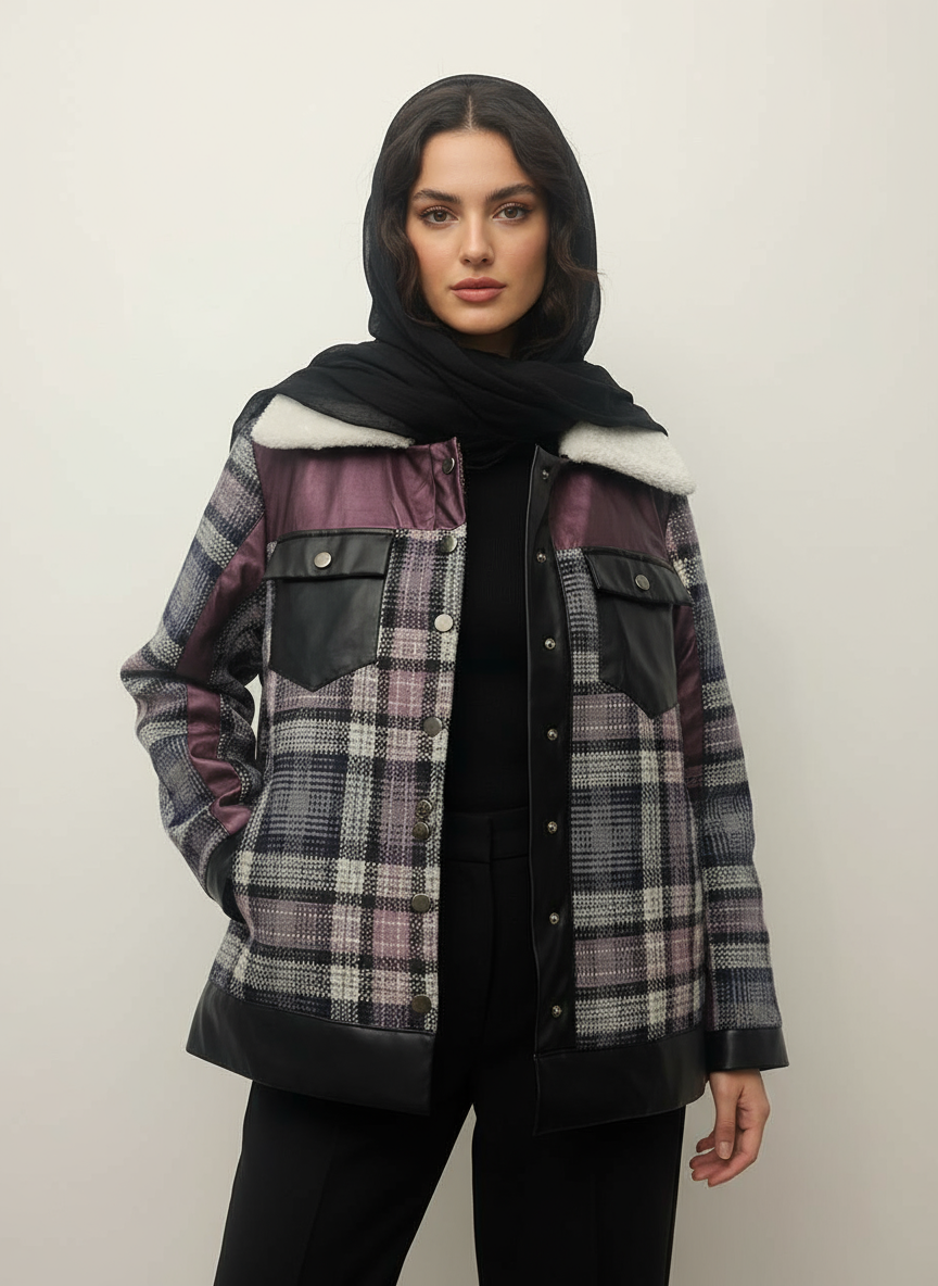 کت پشمی آستردار زنانه ترکیبی با چرم و تدی طرح چهارخونه