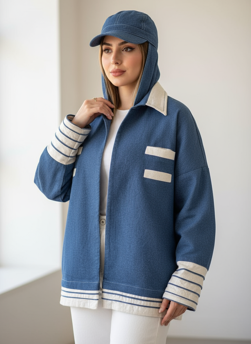 کت جین ترکیبی آبی و سفید طرح نواری