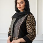 کراپ کت آستردار جنس فوتر مخملی مشکی طرح پلنگی