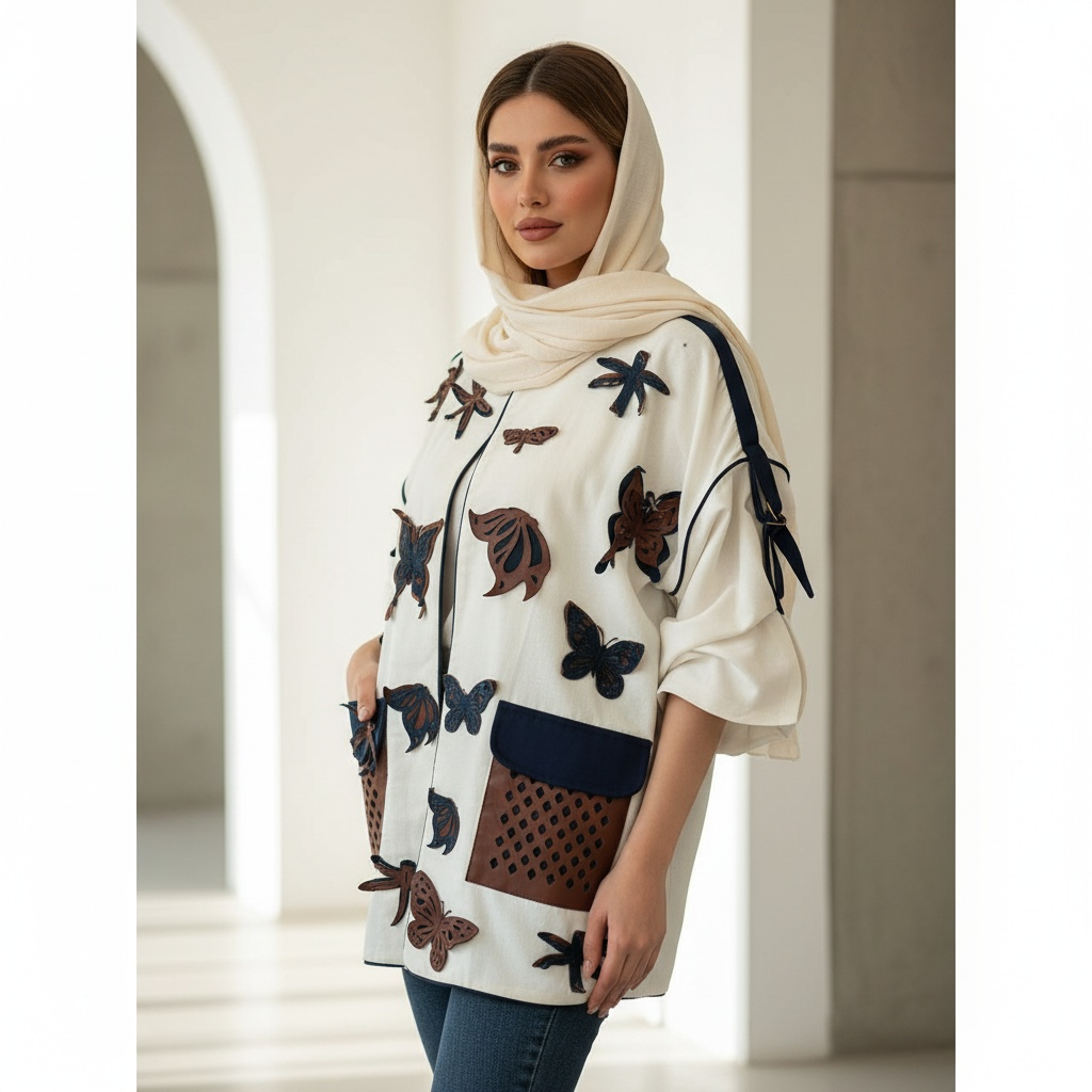 IMG_3277 کت کوتاه زنانه جنس لینن طرح سنجاقک و پروانه لیزری سه بعدی - Image 1