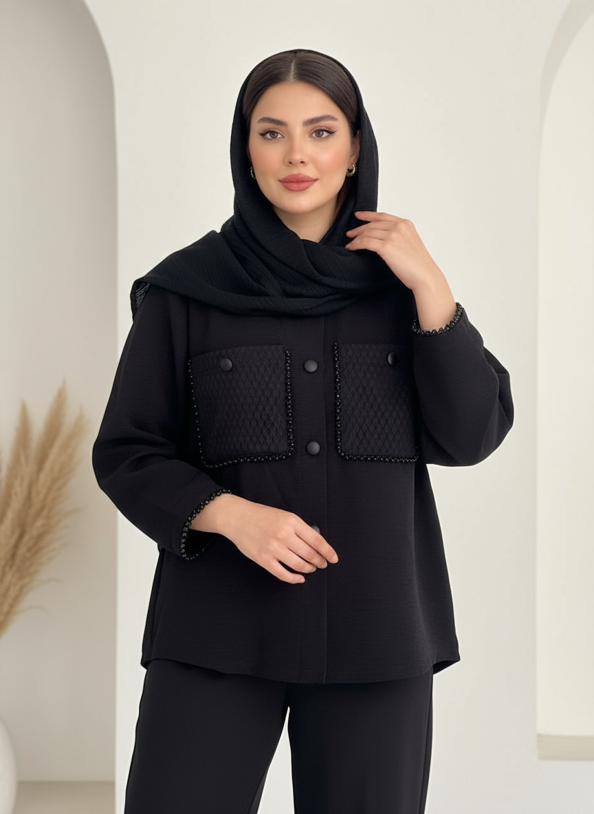 IMG_4271 شومیز مجلسی زنانه مشکی جنس نخی طرح مروارید - تصویر 1
