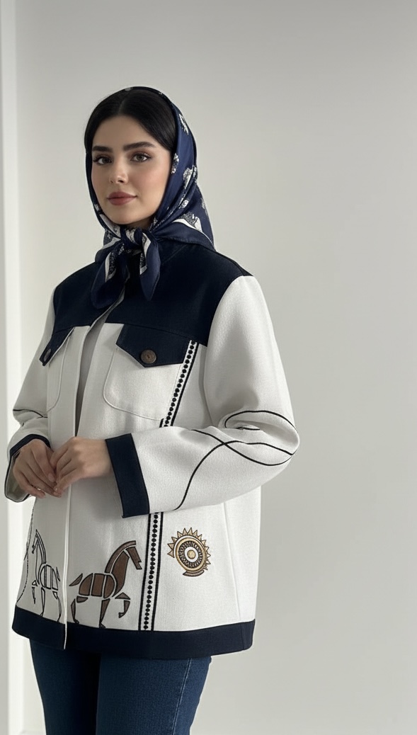 IMG_4917 کت کوتاه زنانه جنس لینن کنفی ترکیبی با پارچه جین لایه کوبی شده طرح گلدوزی اسب - تصویر 1