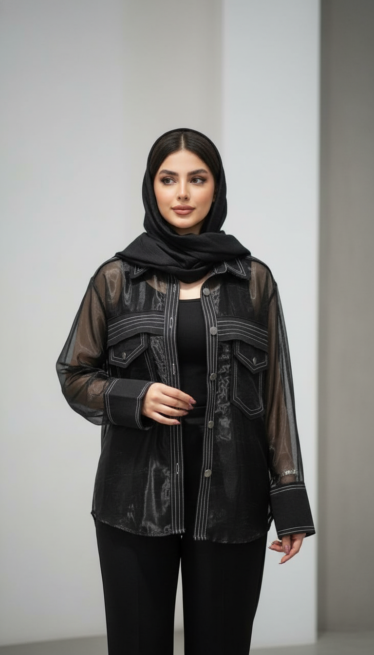 IMG_4995 شومیز زنانه مجلسی مشکی طرح جین و تور اورگانزا - تصویر 1