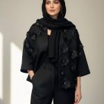 کت مجلسی زنانه مشکی طرح گل لیزری سه بعدی سنگدوزی