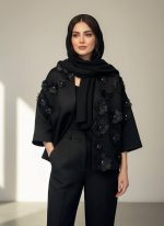 کت مجلسی زنانه مشکی طرح گل لیزری سه بعدی سنگدوزی