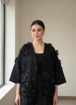 کت مجلسی زنانه مشکی طرح گل لیزری سه بعدی سنگدوزی - تصویر 7