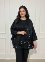 کت مجلسی زنانه مشکی طرح گل لیزری سه بعدی با پنل گل و زنبور سنگدوزی